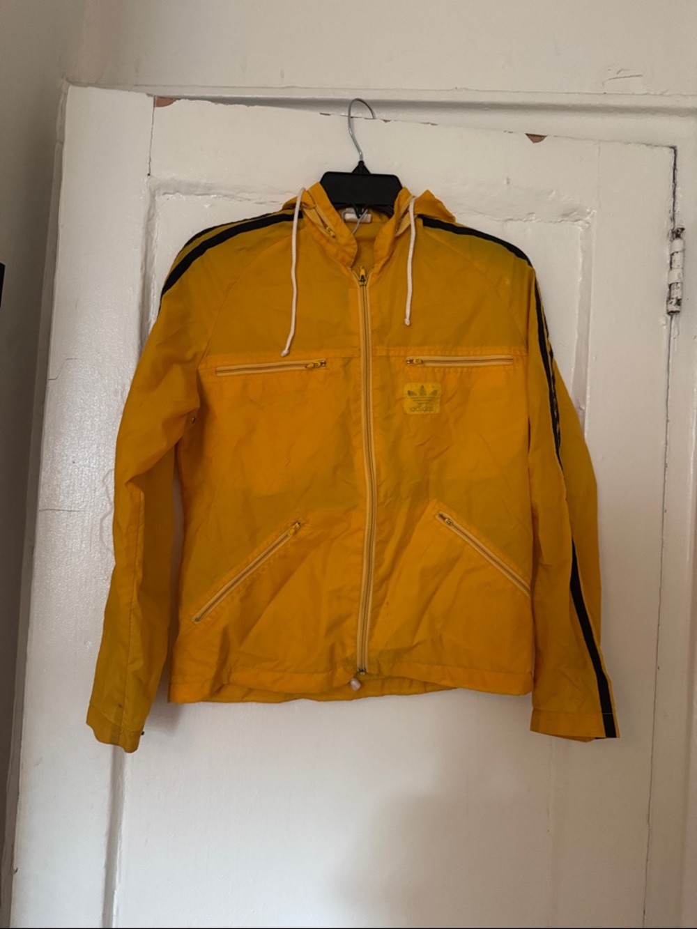 adidas Yellow Hooded Track Jacket with Black Stripes